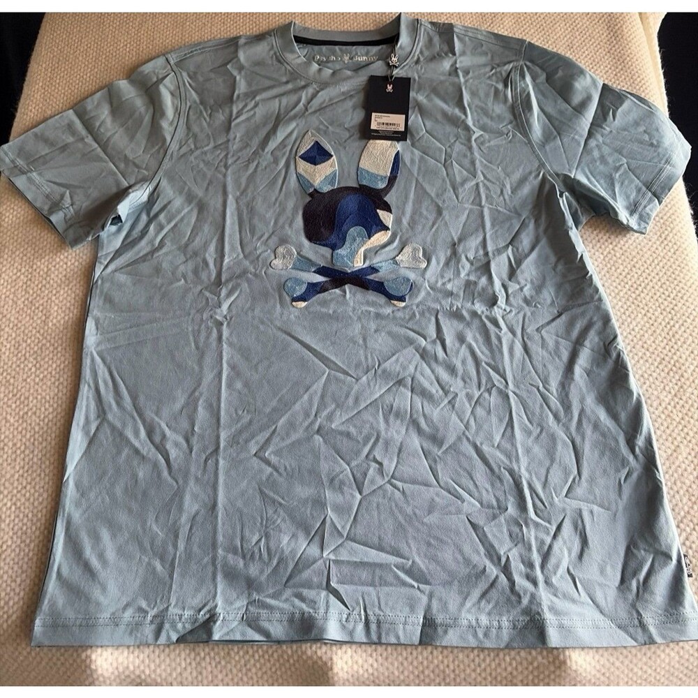 NWT Psycho Bunny Grant Tee Men’s Large Size 6 Blue Camo Bunny Skull Graphic Tee